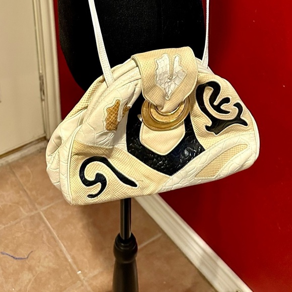 Sharif Handbags - Vintage Sharif Patchwork Leather Shoulder Bag Cream Black Gold Made in USA